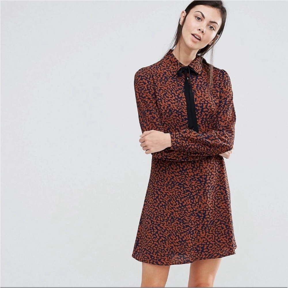 Fashion Union Brown and Navy Blue Leopard Print Long Sleeve Dress